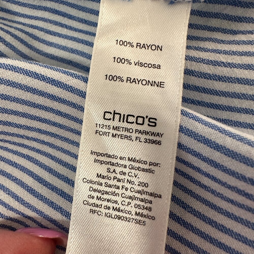 Chicos Womens Collared Full Long Sleeve Blue and White Top Sz 8R - Picture 5 of 8